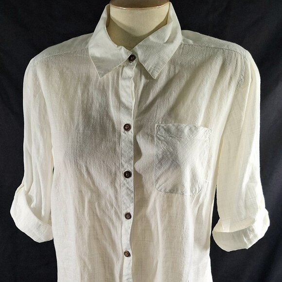 Croft & Barrow Linen Shirt White Women's Size M Roll Tab Sleeve Button Up - Picture 1 of 4